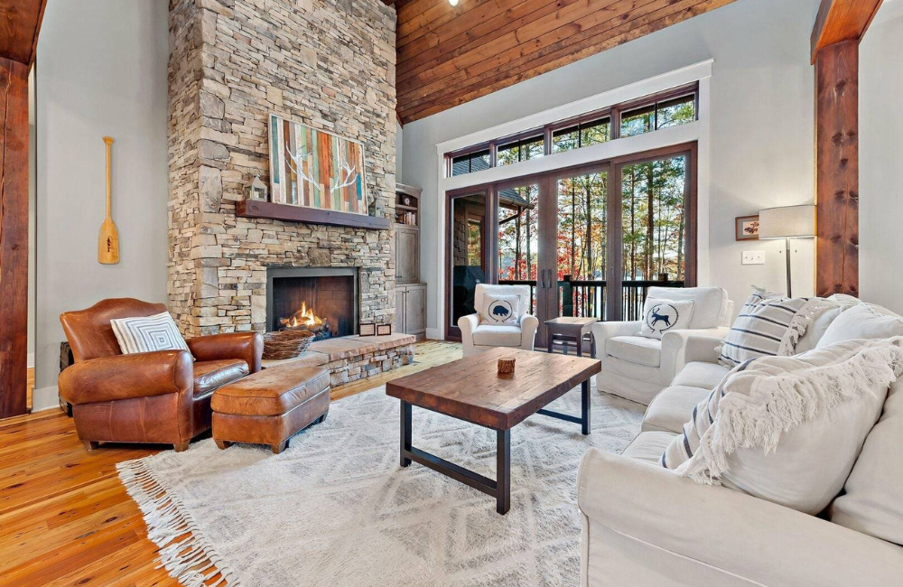 gorgeous home interior with fireplace and white decor Greybeard Vacation Rentals